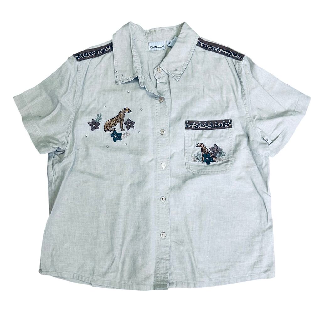 Vintage Safari Shirt Button Up Linen Blouse Animal Print Rhinestone Cabin Creek